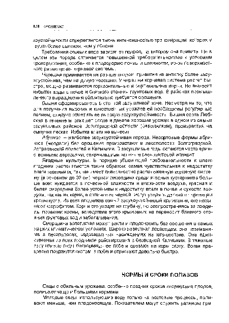 Абрикос — наиболее засухоустойчивая порода. Несортовые формы абрикоса (жердели) без орошения произрастают в лесополосах Волгоградской, Астраханской областей и Калмыкии. В засушливые годы остаются часто единственными деревьями, сохранившими зеленым весь листовой аппарат.