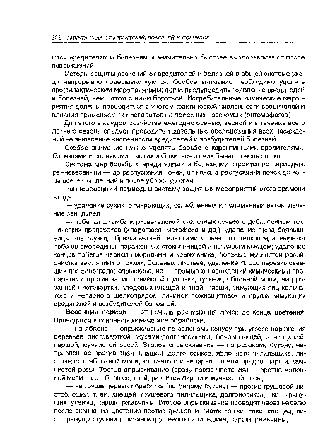 Для этого в каждом хозяйстве ежегодно осенью, весной и в течение всего летнего сезона следует проводить тщательные обследования всех насаждений на выявление численности вредителей и возбудителей болезней.