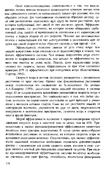 Эффективность лесополос зависит от угла атаки ветра: чем меньше направление ветра отклоняется от перпендикуляра к полосе, тем больше эффективность системы. Чем меньше направление ветра отклоняется от направления лесополосы, тем меньше ее эффективность; однако она никогда не равна нулю. Полоса, даже параллельная ветру, снижает его скорость, однако эффективность ее при этом составляет примерно 25% от эффективности при поперечном ветре (Константинов, Струзер, 1965).