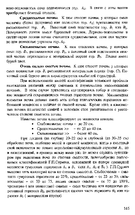 Сильносмытые почвы. К ним относятся почвы, у которых смыт гор. Ви распахивается гор. В2, а пахотный слой подстилается нижней частью переходного к материнской породе гор. В2. Пашня имеет бурый цвет.