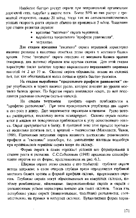 Для стадии врезания "висячего" оврага вершиной характерно наличие разницы в высотных отметках устья оврага и местного базиса эрозии. Устье "висячего" оврага отделено от местного базиса эрозии (например, дна долины) обрывом или крутым скатом. Для этой стадии характерно также наличие хорошо выраженного вершинного перепада высотой от 2 до 10 м. Склоны оврага обрывисты, осьши на склонах нет, так как обвалившаяся масса почвы и грунта быстро уносится.