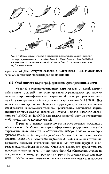 Масштаб почвенно-эрозионных карт зависит от целей картографирования. Для работ по проектированию и размещению противоэро-зионных и противодефляционных мероприятий на территории отдельных хозяйств или группы хозяйств составляют карты масштаба 1:10000. Для обзора явлений эрозии на обширных территориях, а также для целей планирования сельскохозяйственного производства составляют карты, масштаб которых мельче: районные 1:25000; 1:50000; 1:100000; областные от 1:200000 до 1:600000; еще мельче масштаб карт на территорию всей страны или ее крупных частей.