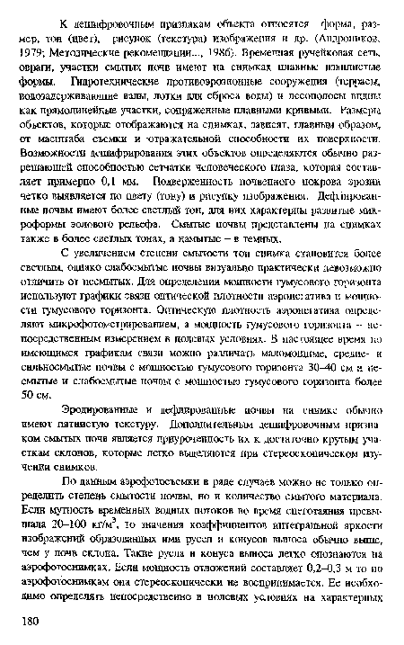 Эродированные и дефлированные почвы на снимке обычно имеют пятнистую текстуру. Дополнительным дешифровочным признаком смытых почв является приуроченность их к достаточно крутым участкам склонов, которые легко выделяются при стереоскопическом изучении снимков.