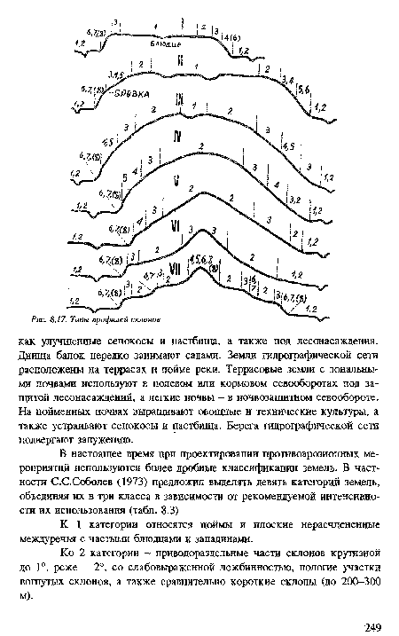 Ко 2 категории - приводораздельные части склонов крутизной до 1°, реже 2°, со слабовыраженной ложбинностью, пологие участки вогнутых склонов, а также сравнительно короткие склоны (до 200-300 м).