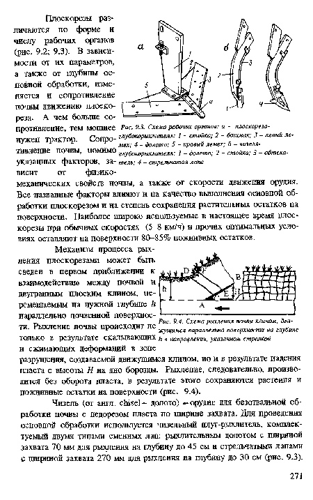 Чизель (от англ. с1ше1- долото) -орудие для безотвальной обработки почвы с недорезом пласта по ширине захвата. Для проведения основной обработки используется чизельный плуг-рыхлитель, комплектуемый двумя типами сменных лап: рыхлительным долотом с шириной захвата 70 мм для рыхления на глубину до 45 см и стрельчатыми лапами с шириной захвата 270 мм для рыхления на глубину до 30 см (рис. 9.3).