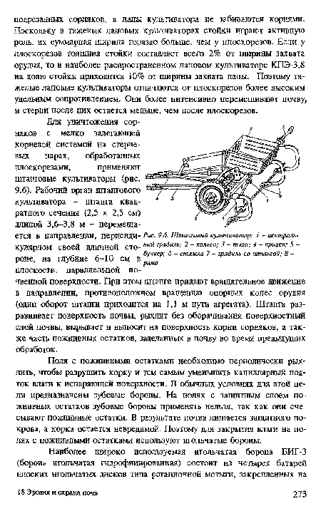 Для уничтожения сорняков с мелко залегающей корневой системой на стерневых парах, обработанных плоскорезами, применяют штанговые культиваторы (рис.