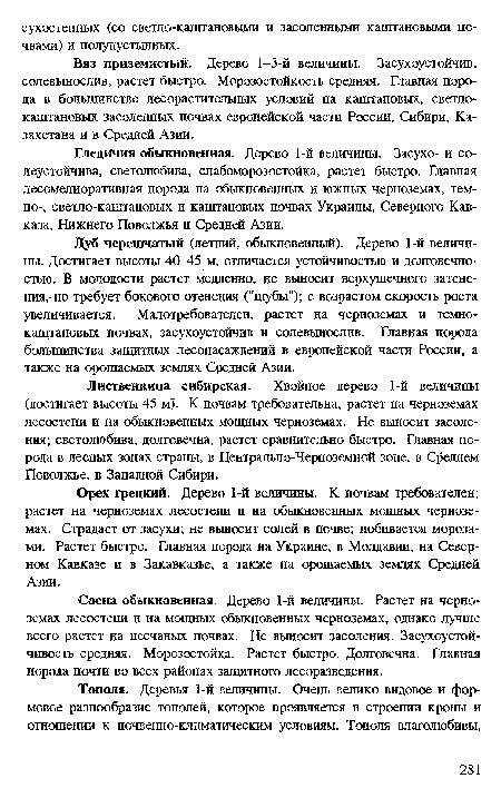 Вяз приземистый. Дерево 1-3-й величины. Засухоустойчив, солевынослив, растет быстро. Морозостойкость средняя. Главная порода в большинстве лесорастительных условий на каштановых, светло-каштановых засоленных почвах европейской части России, Сибири, Казахстана и в Средней Азии.