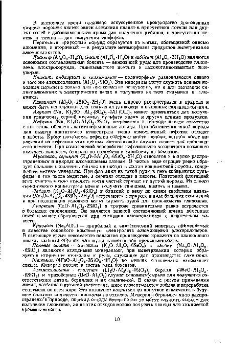 Кианит, андалузит и силлиманит — полиморфные разновидности одного и того же алюмосиликата (Al203-Si02). Эти минералы могут служить ценным исходным сырьем не только для производства огнеупоров, но и для выплавки си-ликоалюминия в электрических печах и получения из него силумина и алюминия.