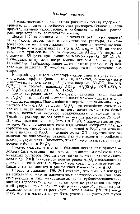 В промышленных алюминатных растворах всегда содержатся примеси, влияющие на стойкость этих растворов. Однако влияние примесей изучено недостаточно, в особенности в области растворов, пересыщенных алюминатом натрия.