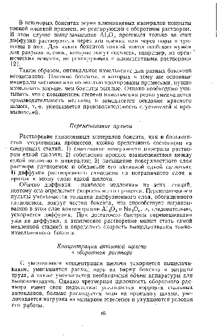 С увеличением концентрации щелочи ускоряется выщелачивание, уменьшается расход пара на варку боксита и затраты труда, а также уменьшается необходимый объем аппаратуры для выщелачивания. Однако чрезмерная щелочность оборотного раствора имеет свои недостатки: усиливается коррозия стальных автоклавов, больше расходуется воды на промывку шлама, увеличивается нагрузка на выпарное отделение и ухудшаются условия его работы.