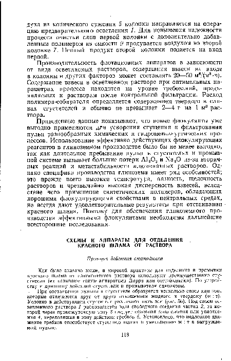 Производительность флотационных аппаратов в зависимости от вида осветляемых растворов, содержания взвеси на входе в колонны и других факторов может составлять 20—-50 м3/(м3-ч). Содержание взвеси в осветленном растворе при оптимальных параметрах процесса находится на уровне требований, предъявляемых к растворам после контрольной фильтрации. Расход полимера-собирателя определяется содержанием твердого в сливах сгустителей и обычно не превышает 2—4 г на 1 м3 раствора.