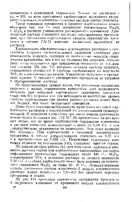 Ниже будет показана необходимость проведения неполной карбонизации растворов с последующей их декомпозицией (довыкру-чивание). О поведении кремнезема при таком режиме разложения можно судить по данным рис. 112 [5 ]. Из приведенных на нем кривых видно, что во время карбонизации содержание кремнезема в растворе снизилось незначительно — всего на 0,04 г/л, а при довыкручивании практически не изменилось. Этот опыт проведен без затравки. При карбонизации с затравкой концентрация кремнезема к началу довыкручивания снизилась на 0,01 г/л и в процессе—еще на 0,015 г/л. Полученная гидроокись алюминия отвечала по( содержанию Si02 глинозему высших сортов.