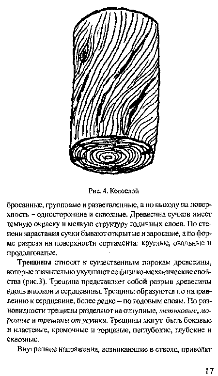 Трещины относят к существенным порокам древесины, которые значительно ухудшают ее физико-механические свойства (рис.З). Трещина представляет собой разрыв древесины вдоль волокон и сердцевины. Трещины образуются по направлению к сердцевине, более редко - по годовым слоям. По разновидности трещины разделяют наотлупные, метиковые, морозные и трещины от усушки. Трещины могут быть боковые и пластевые, кромочные и торцевые, неглубокие, глубокие и сквозные.