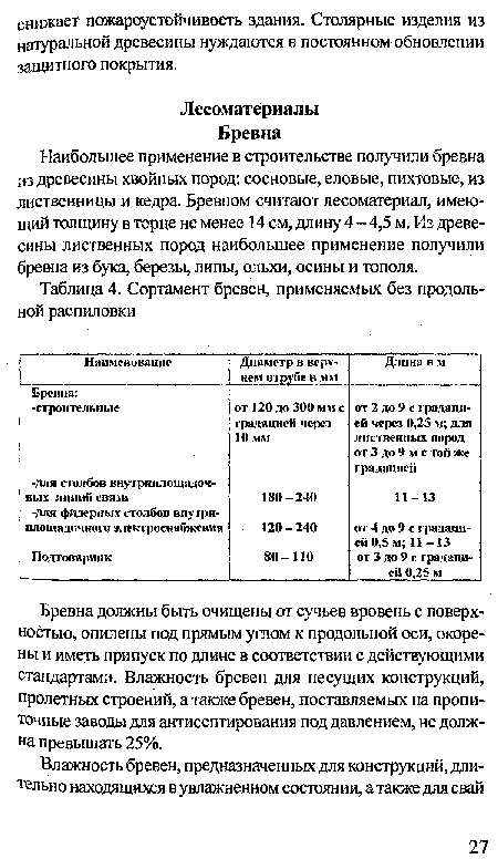 Бревна должны быть очищены от сучьев вровень с поверхностью, опилены под прямым углом к продольной оси, окорены и иметь припуск по длине в соответствии с действующими стандартами. Влажность бревен для несущих конструкций, пролетных строений, а также бревен, поставляемых на пропиточные заводы для антисептирования под давлением, не должна превышать 25%.