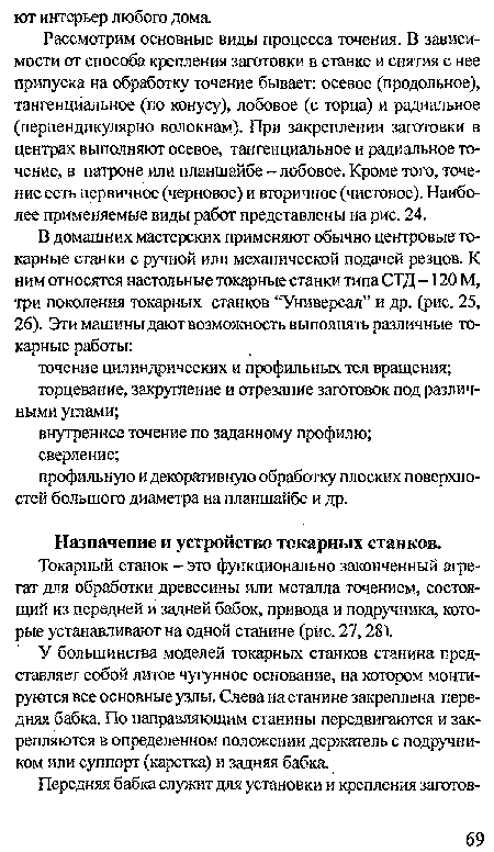 Рассмотрим основные виды процесса точения. В зависимости от способа крепления заготовки в станке и снятия с нее припуска на обработку точение бывает: осевое (продольное), тангенциальное (по конусу), лобовое (с торца) и радиальное (перпендикулярно волокнам). При закреплении заготовки в центрах выполняют осевое, тангенциальное и радиальное точение, в патроне или планшайбе - лобовое. Кроме того, точение есть первичное (черновое) и вторичное (чистовое). Наиболее применяемые виды работ представлены на рис. 24.