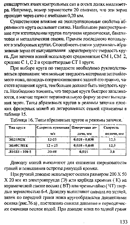 Существенное влияние на эксплуатационные свойства абразивного круга оказывает связка Наибольшее распространение при изготовлении кругов получили керамическая, бакелитовая и металлическая связки. Причем последнюю используют в эльборовых кругах. Способность связки удерживать абразивные зерна от выкрашивания характеризуют твердость круга. Дня заточки ножей используют среднемягкие СМ 1, СМ 2, средние С 1, С 2 и среднетвердые СТ 1 круги.