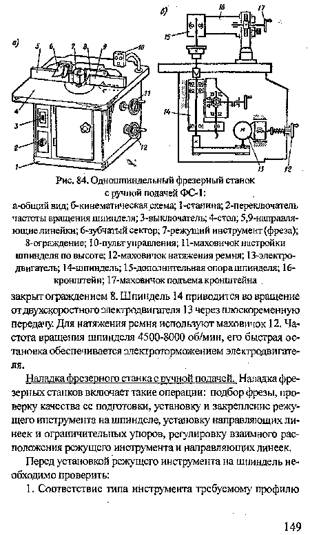 Наладка фрезерного станка с ручной подачей. Наладка фрезерных станков включает такие операции: подбор фрезы, проверку качества ее подготовки, установку и закрепление режущего инструмента на шпинделе, установку направляющих линеек и ограничительных упоров, регулировку взаимного расположения режущего инструмента и направляющих линеек.