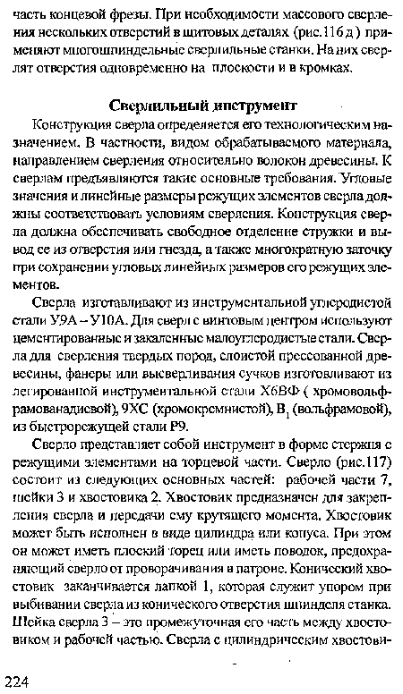 Конструкция сверла определяется его технологическим назначением. В частности, видом обрабатываемого материала, направлением сверления относительно волокон древесины. К сверлам предъявляются такие основные требования. Угловые значения и линейные размеры режущих элементов сверла должны соответствовать условиям сверления. Конструкция сверла должна обеспечивать свободное отделение стружки и вывод ее из отверстия или гнезда, а также многократную заточку при сохранении угловых линейных размеров его режущих элементов.