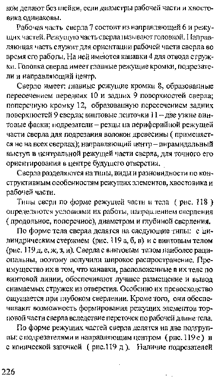 Типы сверл по форме режущей части и тела ( рис. 118 ) определяются условиями их работы, направлением сверления (продольное, поперечное), диаметром и глубиной сверления.