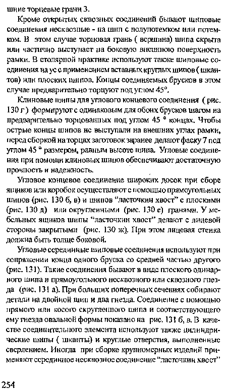 Кроме открытых сквозных соединений бывают шиповые соединения несквозные - на шип с полупотемком или потем-ком. В этом случае торцовая грань ( вершина) шипа скрыта или частично выступает на боковую внешнюю поверхность рамки. В столярной практике используют также шиповые соединения на ус с применением вставных круглых шипов ( шкантов) или плоских шипов. Концы соединяемых брусков в этом случае предварительно торцуют под углом 45°.