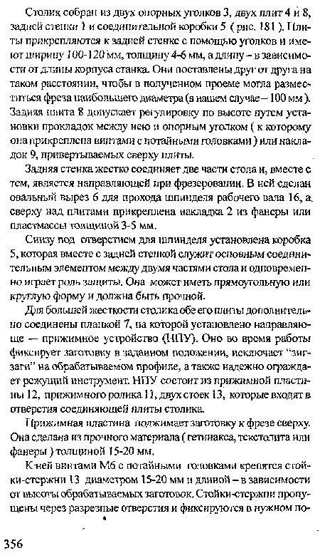 Задняя стенка жестко соединяет две части стола и, вместе с тем, является направляющей при фрезеровании. В ней сделан овальный вырез 6 для прохода шпинделя рабочего вала 16, а сверху над плитами прикреплена накладка 2 из фанеры или пластмассы толщиной 3-5 мм.