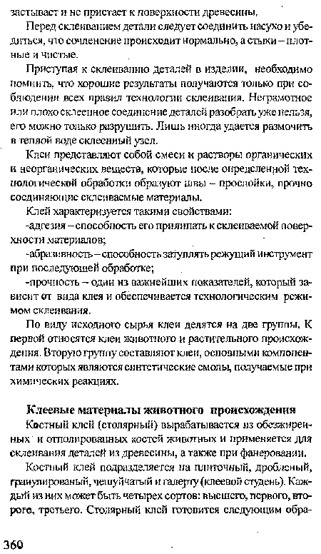 Костный клей (столярный) вырабатывается из обезжиренных и отполированных костей животных и применяется для склеивания деталей из древесины, а также при фанеровании.