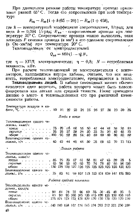 Тепловыделения людей. В кабине самоходных машин обычно находится один водитель, работа которого может быть классифицирована как легкая или средней тяжести. Ниже приведены данные о влаго- и тепловыделениях его при различной интенсивности работы.