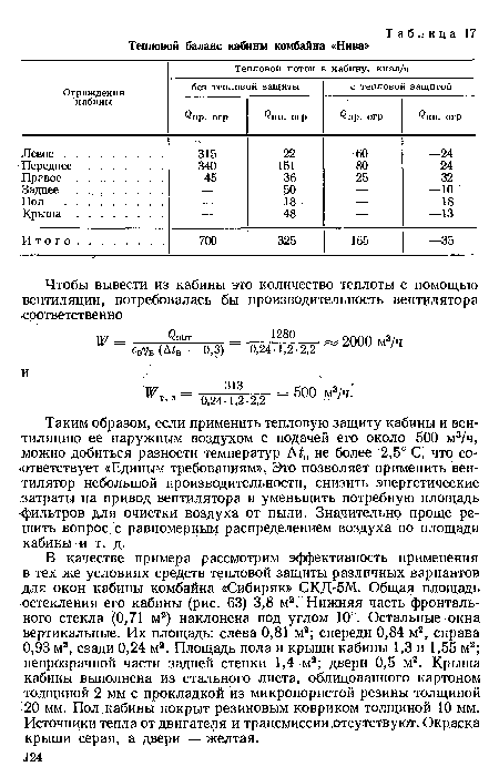 Таким образом, если применить тепловую защиту кабины и вентиляцию ее наружным воздухом с подачей его около 500 м3/ч, можно добиться разности температур Д£в не более 2,5° С, что соответствует «Единым требованиям». Это позволяет применить вентилятор небольшой производительности, снизить энергетические затраты на привод вентилятора и уменьшить потребную площадь фильтров для очистки воздуха от пыли. Значительно проще решить вопрос с равномерным распределением воздуха по площади кабины и т. д.