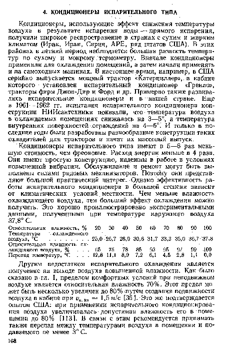 Кондиционеры испарительного типа имеют в 5—6 раз меньшую стоимость, чем фреоновые. Расход энергии меньше в 4 раза. Они имеют простую конструкцию, надежны в работе в условиях повышенной вибрации. Обслуживание и ремонт могут быть выполнены силами рядовых механизаторов. Поэтому они представляют большой практический интерес. Однако эффективность работы испарительного кондиционера в большой степени зависит от климатических условий местности. Чем меньше влажность охлаждающего воздуха, тем больший эффект охлаждения можно получить. Это хорошо проиллюстрировано экспериментальными данными, полученными при температуре наружного воздуха 37,8° С.