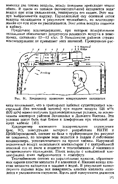 Кондиционер косвенного испарительного охлаждения (рис. 91), конструкция которого разработана НАТИ и ЦНИИпромзданий, состоит из бака и трубопроводов (на рисунке не показаны), по которым вода подается в поддон 3 собственно кондиционера, устанавливаемого на крыше кабины. Наружный запыленный воздух засасывается вентилятором 1 с центробежной очисткой его от пыли и подается в теплообменник 2 косвенного испарительного охлаждения. Поток воздуха с повышенной концентрацией пыли выбрасывается в атмосферу.