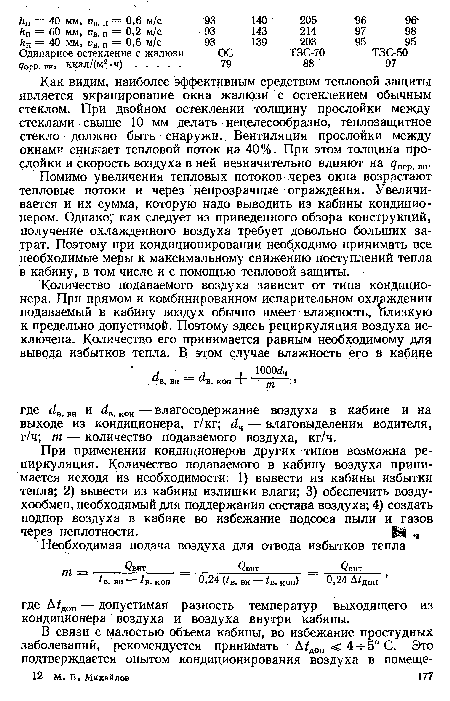 Помимо увеличения тепловых потоков через окна возрастают тепловые потоки и через непрозрачные ограждения. Увеличивается и их сумма, которую надо выводить из кабины кондиционером. Однако; как следует из приведенного обзора конструкций, получение охлажденного воздуха требует довольно больших затрат. Поэтому при кондиционировании необходимо принимать все необходимые меры к максимальному снижению поступлений тепла в кабину, в том числе и с помощью тепловой защиты.