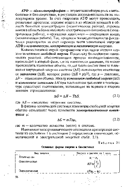 АТФ — аденозинтрифосфат — играет важнейшую роль в метаболизме и биоэнергетике, в регуляции жизнедеятельности на молекулярном уровне. За счет гидролиза АТФ могут происходить различные процессы: перенос веществ из области меньшей в область большей концентрации (осмотическая работа), перенос ионов в область более высокого электрического потенциала (электрическая работа), в организме животного — сокращение мышц (механическая работа). Так, процессы жизнедеятельности фактически реализуются за счет перевода части химической энергии АТФ в осмотическую, электрическую и механическую энергию.