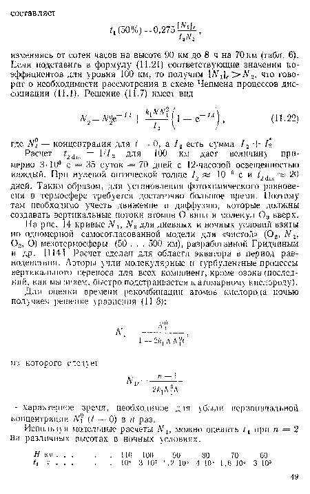 На рис. 14 кривые N и М3 для дневных и ночных условий взяты по одномерной самосогласованной модели для «чистой» (02, N2У 03, О) мезотермосферы (50 . . . 500 км), разработанной Гридчиным и др. [114] Расчет сделан для области экватора в период равноденствия. Авторы учли молекулярные и турбулентные процессы вертикального переноса для всех компонент, кроме озона (последний, как мы знаем, быстро подстраивается к атомарному кислороду).