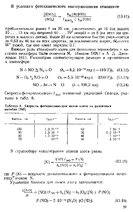 Скорости фотодиссоциации /NO, вызванной радиацией Солнца, ука-заны в табл. 8.