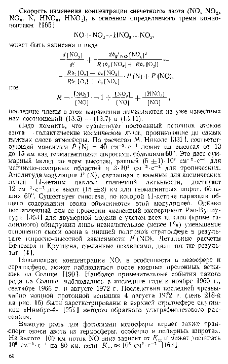 Повышенная концентрация N0, в особенности в мезосфере и стратосфере, может наблюдаться после мощных протонных вспышек на Солнце [190]. Наиболее примечательные события такого рода на Солнце наблюдались в последние годы в ноябре 1960 г., сентябре 1966 г. и августе 1972 г. Последствия последней чрезвычайно мощной протонной вспышки 4 августа 1972 г. (день 218-й на рис. 15) были зарегистрированы в верхней стратосфере спутником «Нимбус-4» [251] методом обратного ультрафиолетового рассеяния.