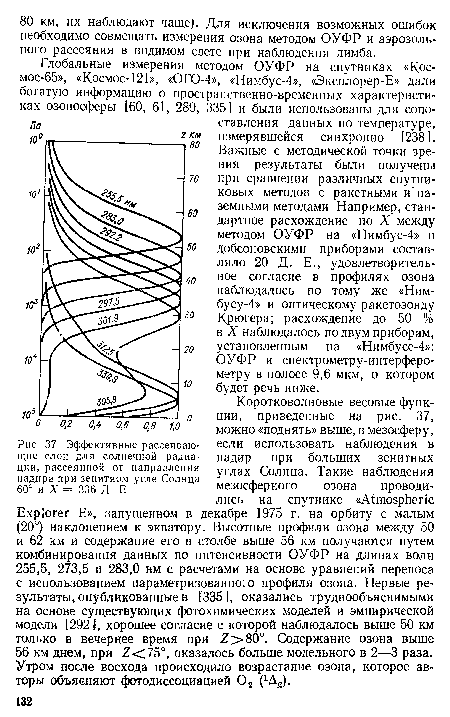 Коротковолновые весовые функции, приведенные на рис. 37, можно «поднять» выше, в мезосферу, если использовать наблюдения в надир при больших зенитных углах Солнца. Такие наблюдения мезосферного озона проводились на спутнике «Atmospheric Explorer Е», запущенном в декабре 1975 г. на орбиту с малым (20°) наклонением к экватору. Высотные профили озона между 50 и 62 км и содержание его в столбе выше 56 км получаются путем комбинирования данных по интенсивности ОУФР на длинах волн 255,5, 273,5 и 283,0 нм с расчетами на основе уравнений переноса с использованием параметризованного профиля озона. Первые результаты, опубликованные в [335], оказались труднообъяснимыми на основе существующих фотохимических моделей и эмпирической модели [292], хорошее согласие с которой наблюдалось выше 50 км только в вечернее время при Z>80°. Содержание озона выше 56 км днем, при Z< 75°, оказалось больше модельного в 2—3 раза. Утром после восхода происходило возрастание озона, которое авторы объясняют фотодиссоциацией 02 (1Ag).