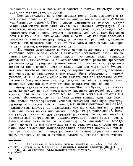 Последовательная цепь этих звеньев может быть выражена в такой схеме: почва — лес — выжег — зола — почва — посев сельскохозяйственных растений. При полевом пашенном земледелии полнота соприиадлежности всех этих отмеченных звеньев отсутствует. Ряд усекается, некоторые звенья вообще выпадают. Здесь находит себе примеиение только связь почвы и посеянных хлебных злаков без связи почвы и леса, без применения огня и золы. Так как при подсечном земледелии взаимодействие почвы и злаковых растений дополнено включением использования леса, то тем самым значительно расширяются типы почв, которые используются.