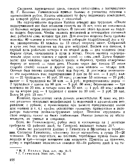 Конечно, приведенные здесь данные относительны. К тому же, резкие различия отдельных модификаций (с подсечкой и архаическим ветровалом; с рубкой; с применением при выжеге (прокачивания валов или шаяния и т. д.) крайне усложняют сравнение приводимых в литературе подсчетов денежно-трудовых затрат. Понятие «трудодня» в свою очередь также не было стабильным. Многое зависело от обстоятельств, от уменья и сноровки.