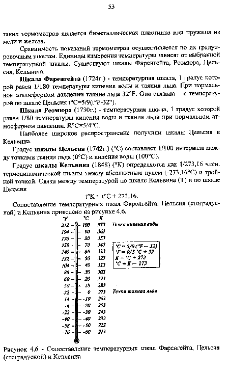 Сопоставление температурных шкал Фаренгейта, Цельсия (стоградусной) и Кельвина приведено на рисунке 4.6.