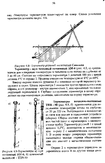 Рисунок 4.8- Термометр ртутный коленчатый Савинова Термометр - щуп походный почвенный АМ-6 (рис. 4.9, а) предназначен для измерения температуры в пахотном слое почвы на глубинах от 3 до 40 см. Состоит из толуолового термометра 1 длинной 580 мм с ценой деления 1°С и оправы 2. Пределы измерения температуры от 0°С до 60°С Вверху оправы имеется рукоятка 6 с помощью которой термометр погружают в грунт. Шкала термометра 5 находится против продольного окна оправы, а его резервуар - внутри наконечника 3, изолированный теплоизолирующей перемычкой 4. Глубину погружения термометра в почву определяют по сантиметровым делениям, нанесенным на оправу термометра.