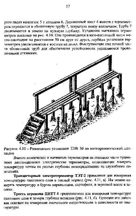 Транзисторный электротермометр ТЭТ-2 применяют для измерения температуры пахотного слоя в теплый период (рис. 4.11, а). Им можно измерять температуру в буртах корнеплодов, картофеля, в зерновой массе в засеках.