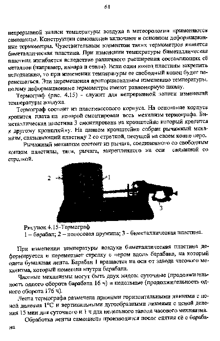 Термограф состоит из пластмассового корпуса. На основание корпуса крепится плата на которой смонтирован весь механизм термографа. Биметаллическая пластина 3 смонтирована на кронштейне который крепится к другому кронштейну. На данном кронштейне собран рычажный механизм, связывающий пластину 2 со стрелкой, несущей на своем конце перо.