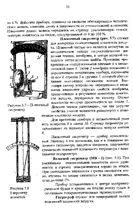 Для крепления прибора в металлической раме есть отверстия 9 и лапки 10. Стрелку гигрометра устанавливают на заданную влажность воздуха винтом <5.