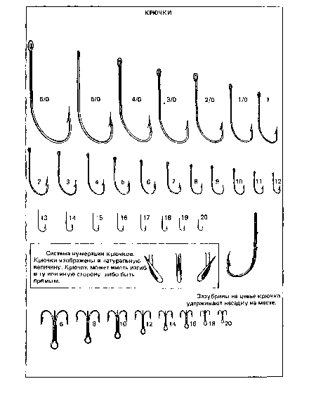 Система нумерации крючков. Крючки изображены в натуральную величину. Крючок может иметь изгиб в ту или иную сторону либо быть прямым.