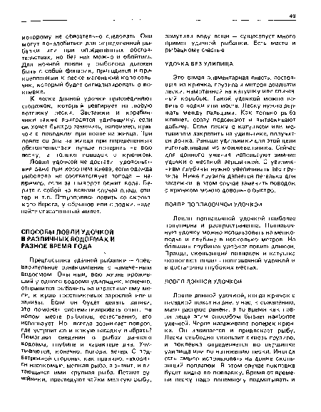 Это самая элементарная снасть, состоящая из крючка, грузила и метров двадцати лески, намотанной на катушку или спичечный коробок. Такой удочкой можно ловить с лодки или моста. Леску нужно держать между пальцами. Как только рыба клюнет, сразу подсекают и вытаскивают добычу. Если леску с катушкой или мотовилом закрепить на удильнике, получится донка. Раньше удильники для этой цели изготавливали из можжевельника. Сейчас для донного ужения используют зимние удочки с жесткой вершинкой. С увеличением глубины нужно увеличивать вес грузила. Ниже грузила делается петелька для застежки, в этом случае заменить поводок с крючком можно довольно быстро.