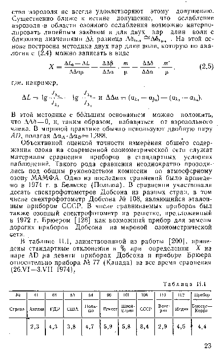 В таблице 11.1, заимствованной из работы [200], приведены стандартные отклонения в % при определении X на паре АО ра девяти приборах Добсона и приборе Брюера относительно прибора № 77 (Канада) за все время сравнения (26.VI-3.VII 1974).