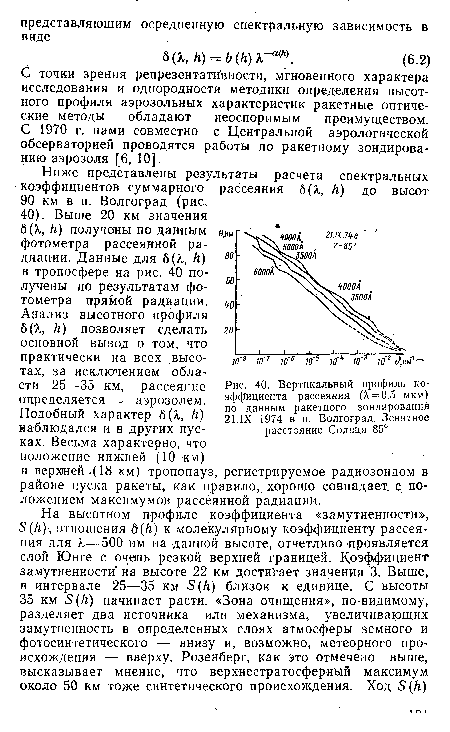 Вертикальный профиль коэффициента рассеяния (Х = 0,5 мкм) по данным ракетного зондирования 21 .IX 1974 в п. Волгоград. Зенитное расстояние Солнца 85°