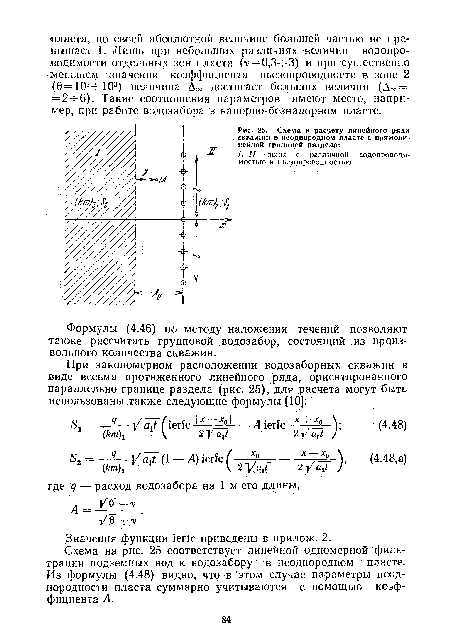 Схема на рис. 25 соответствует линейной одномерной фильтрации подземных вод к водозабору в неоднородном пласте. Из формулы (4.48) видно, что в этом случае параметры неоднородности пласта суммарно учитываются с помощью коэффициента А.