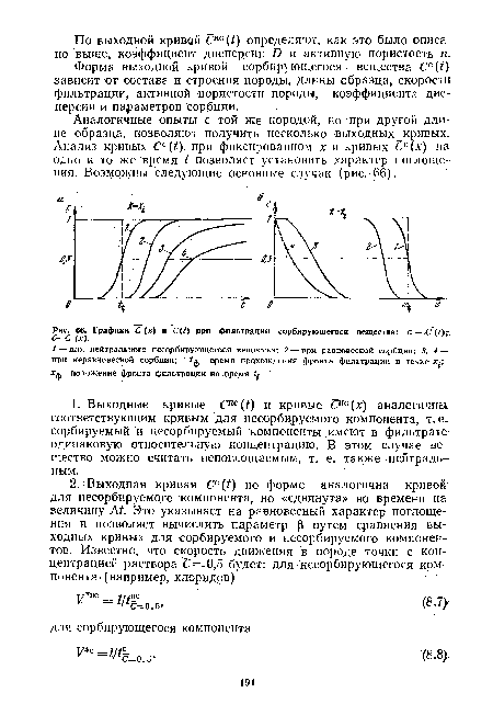 Графики С (х) и С(/) при фильтрации сорбирующегося вещества