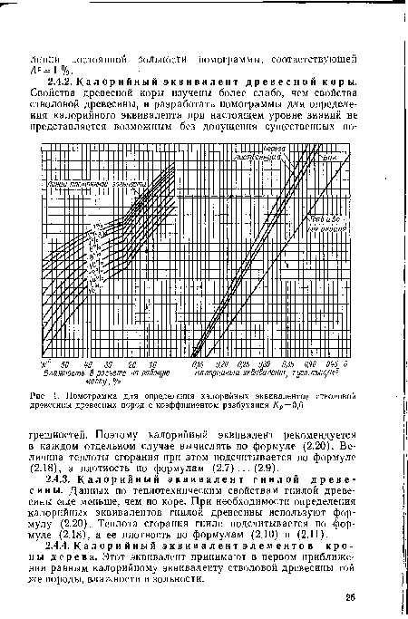 Номограмма для определения калорийных эквивалентов стволовой древесины древесных пород с коэффициентом разбухания /Ср = 0,6